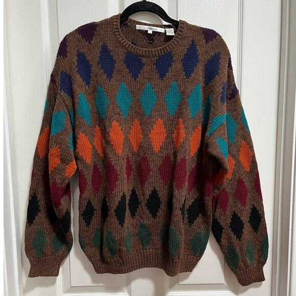 Perry Ellis Vintage Grandpa Sweater 100% Cotton Coogi Style Brown Shapes Cosby